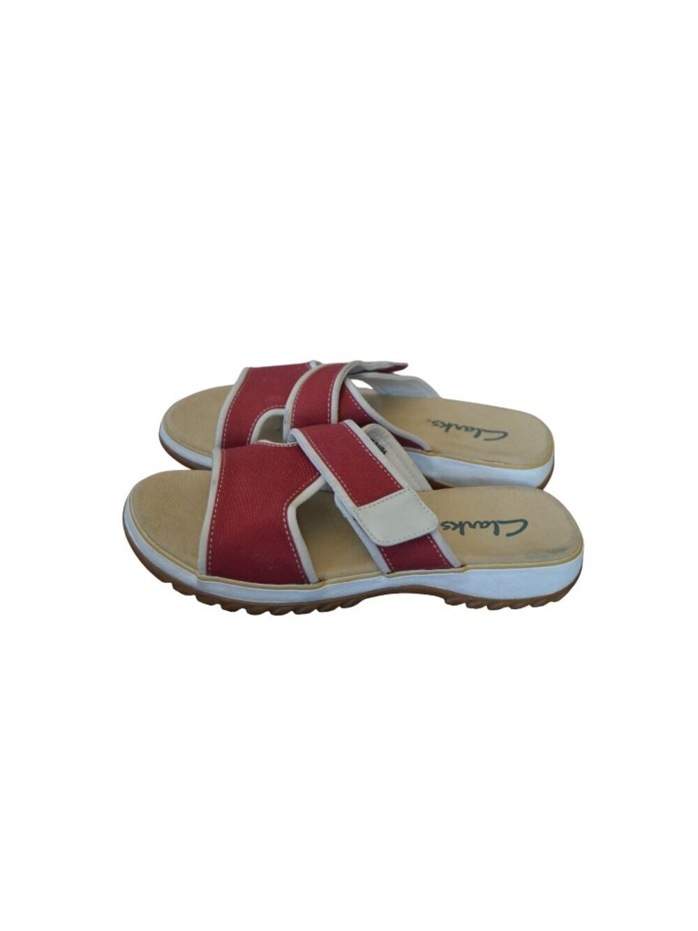 Clarks Red White Canvas Slide Sandals Hook and Loop Women's Size 7 Summer Casual